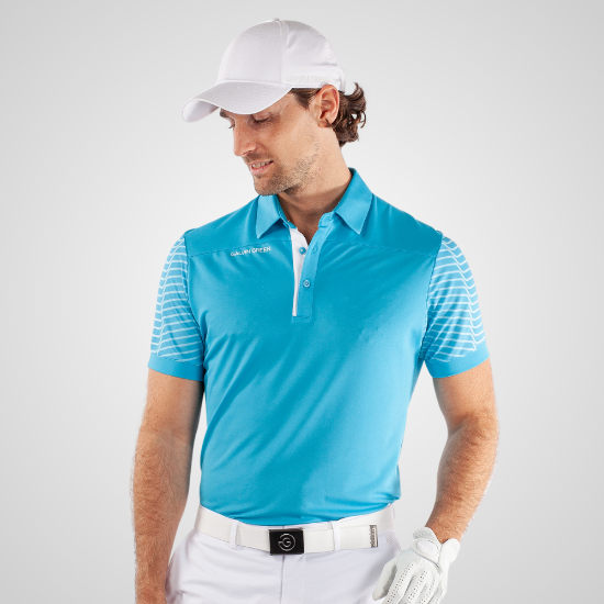 Model wearing Galvin Green Men's Milion V8+ Blue Golf Polo Shirt Front View