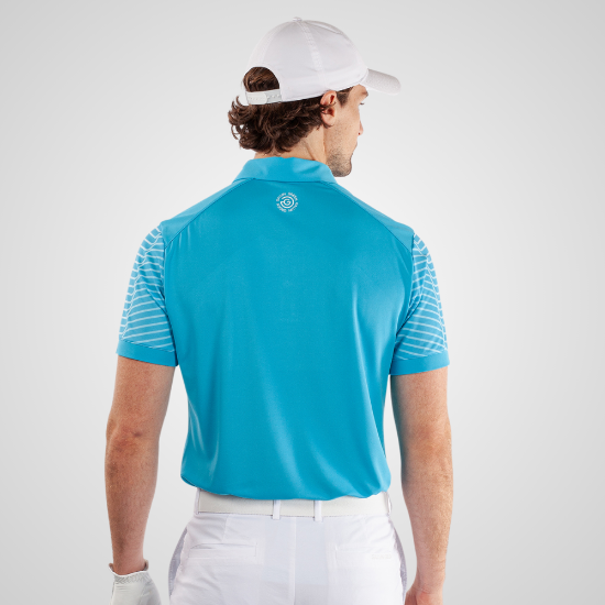 Model wearing Galvin Green Men's Milion V8+ Blue Golf Polo Shirt Back View