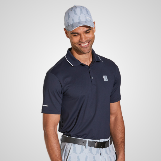 Model wearing PING Mr Ping II Navy Golf Polo Shirt Front View