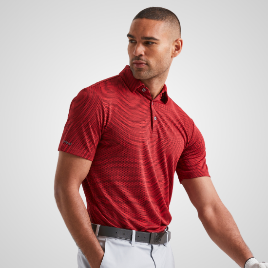 Model wearing PING Men's Halcyon Jacquard Red Golf Polo Shirt Front View