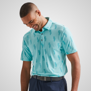 Model wearing PING Men's Arizona Cactus Blue Golf Polo Shirt Front View