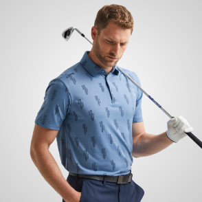 Model wearing PING Men's Arizona Cactus Blue Golf Polo Shirt Front View