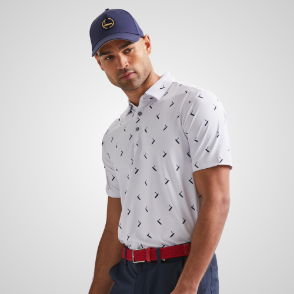 Model wearing PING Men's Gold Putter Printed White Golf Polo Shirt Front View