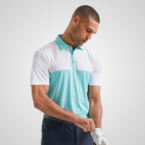 Model wearing PING Men's Bodi Block Pattern Blue Golf Polo Shirt Front View