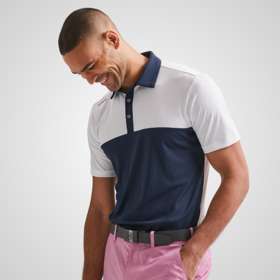 Model wearing PING Men's Bodi Block Pattern Navy Golf Polo Shirt Front View