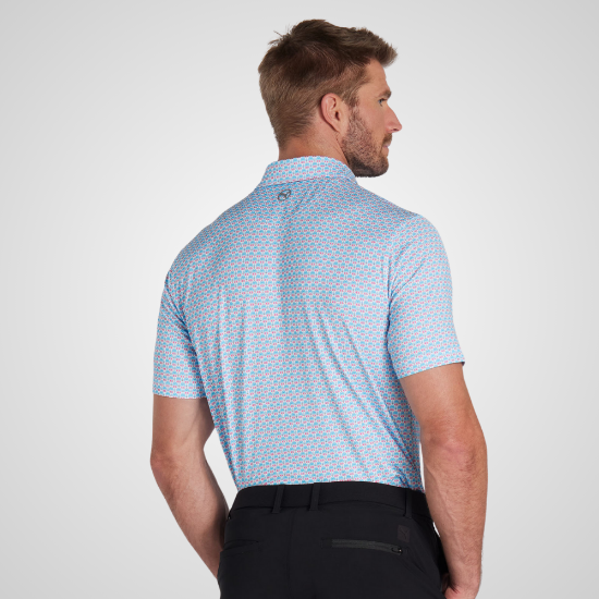 Model wearing Puma Men's Mattr Deco Blue Golf Polo Shirt Back View