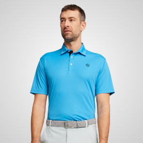 Model wearing Puma Men's Pure Solid Blue Golf Polo Shirt Front View