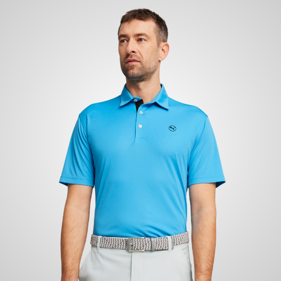 Model wearing Puma Men's Pure Solid Blue Golf Polo Shirt Front View