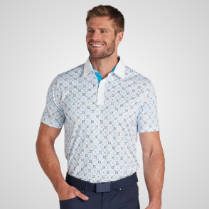 Model wearing Puma Men's Monogram White Golf Polo Shirt Front View