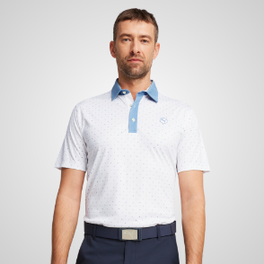 Model wearing Puma Men's Geo White Golf Polo Shirt Front View