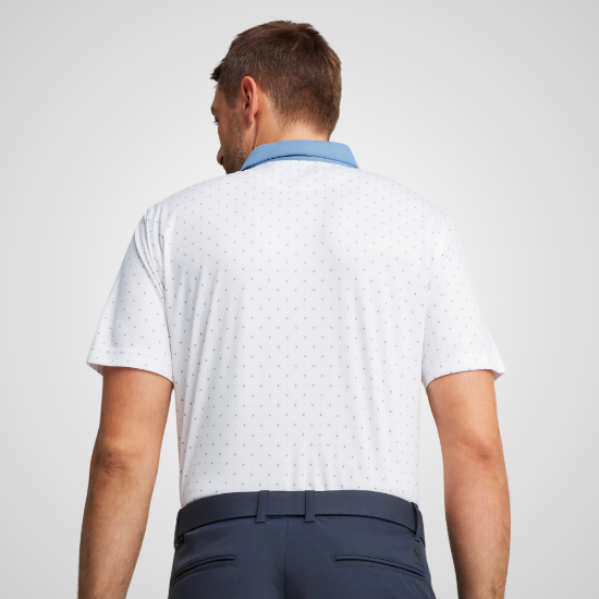 Model wearing Puma Men's Geo White Golf Polo Shirt Back View