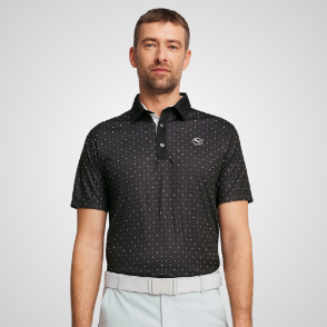 Model wearing Puma Men's Geo Black Golf Polo Shirt Front View