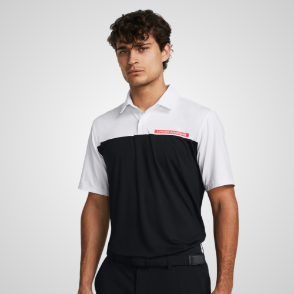 Model wearing Under Armour Men's T2G Colour Block Black Golf Polo Shirt Front View