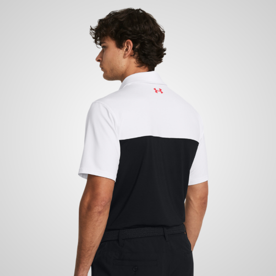 Model wearing Under Armour Men's T2G Colour Block Black Golf Polo Shirt Back View