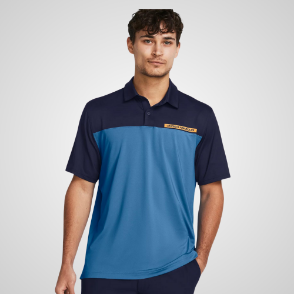 Model wearing Under Armour Men's T2G Colour Block Blue Golf Polo Shirt Front View