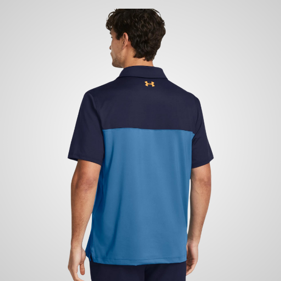 Model wearing Under Armour Men's T2G Colour Block Blue Golf Polo Shirt Back View