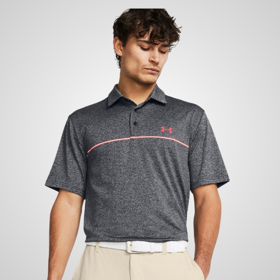 Model wearing Under Armour Men's Playoff 3.0 Stripe Black Golf Polo Shirt Front View