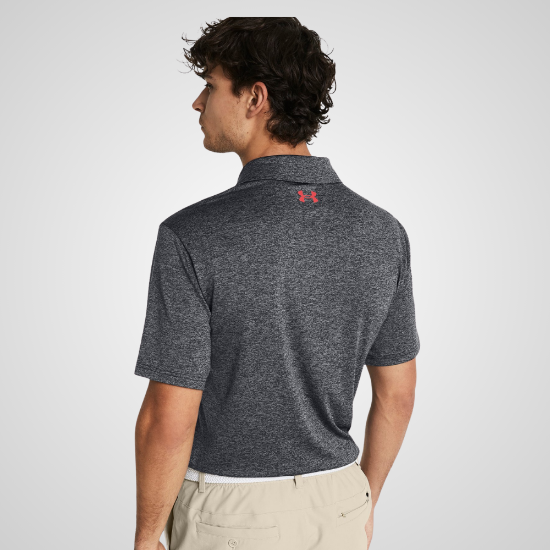 Model wearing Under Armour Men's Playoff 3.0 Stripe Black Golf Polo Shirt Back View