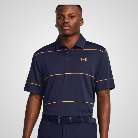 Model wearing Under Armour Men's Playoff 3.0 Stripe Navy Golf Polo Shirt Front View