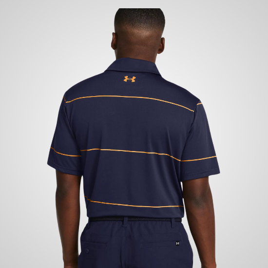 Model wearing Under Armour Men's Playoff 3.0 Stripe Navy Golf Polo Shirt Back View