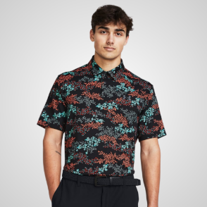 Model wearing Under Armour Men's Playoff 3.0 Printed Black Golf Polo Shirt Front View