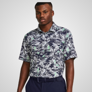 Model wearing Under Armour Men's Playoff 3.0 Printed Grey Golf Polo Shirt Front View