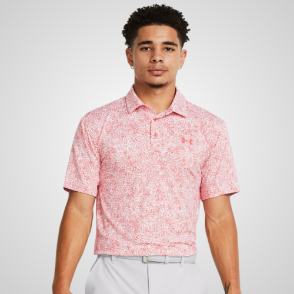 Model wearing Under Armour Men's Playoff 3.0 Printed Coho Golf Polo Shirt Front View