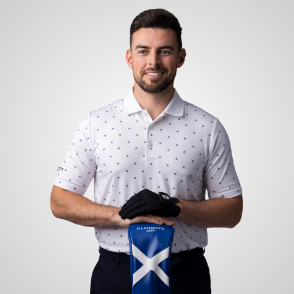 Model wearing Glenmuir Men's Crawford White Golf Polo Shirt Front View