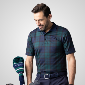 Model wearing Glenmuir Men's Crawford Tartan Golf Polo Shirt Front View