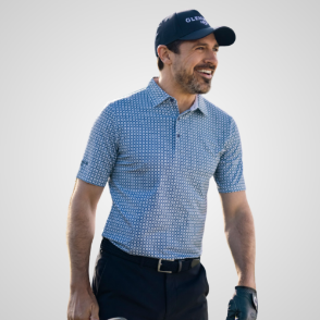 Model wearing Glenmuir Men's Irvine Navy Golf Polo Shirt Front View