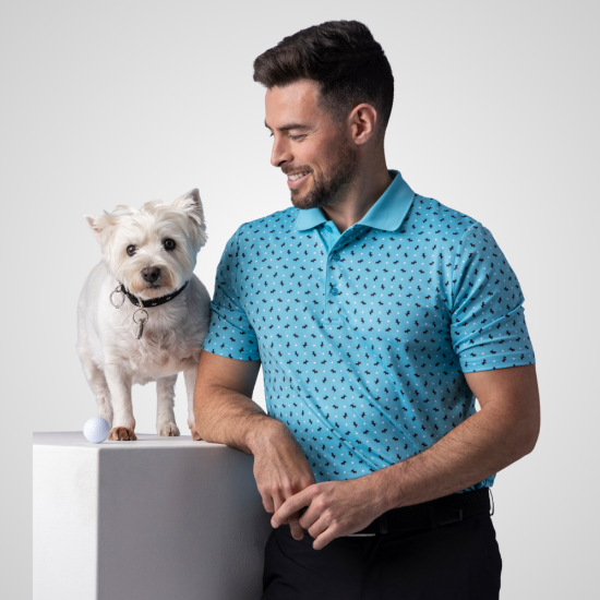 Model wearing Glenmuir Men's Angus Scottie Dog Print Blue Golf Polo Shirt Front View