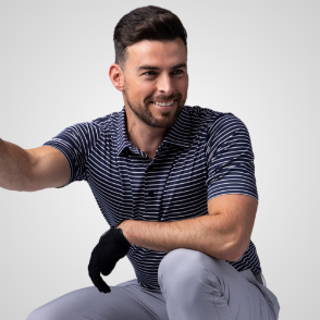 Model wearing Glenmuir Men's Muirhead Pencil Stripe Navy Golf Polo Shirt Front View