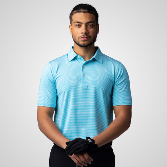 Model wearing Glenmuir Men's Torrance Blue Golf Polo Shirt Front View