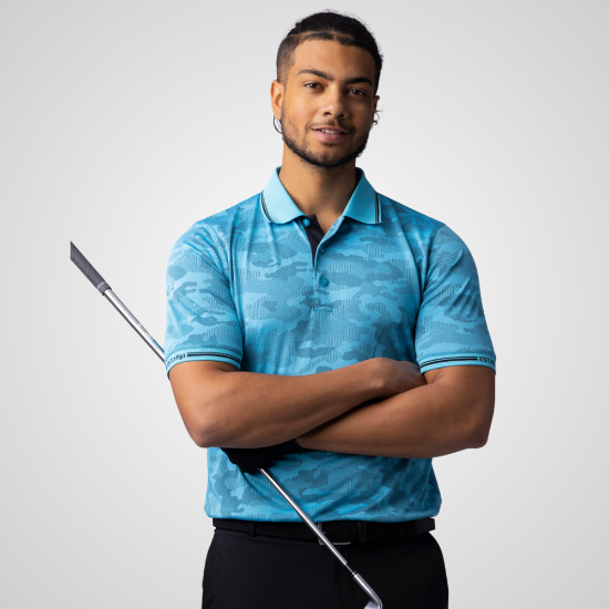Model wearing Glenmuir Men's Brody Blue Golf Polo Shirt Front View