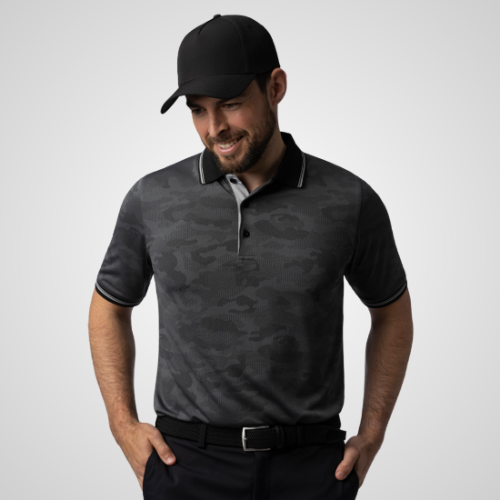 Model wearing Glenmuir Men's Brody Blue Golf Polo Shirt Front View