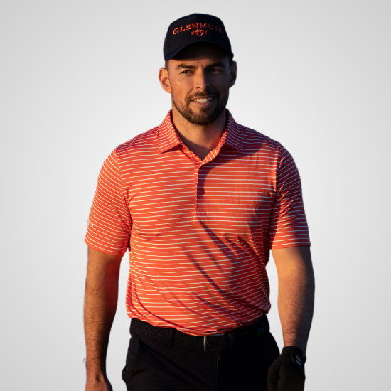 Model wearing Glenmuir Men's Muirhead Pencil Stripe Apricot Golf Polo Shirt Front View