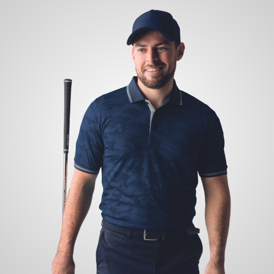 Model wearing Glenmuir Men's Brody Navy Golf Polo Shirt Front View