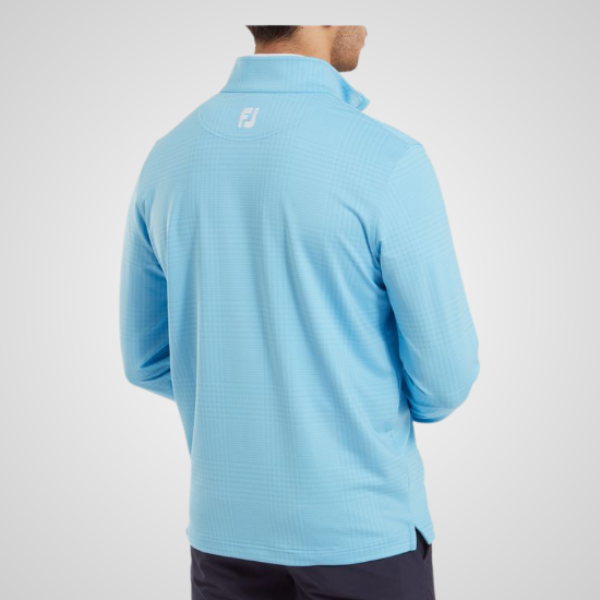 Model wearing FootJoy Men's Glen Plaid Print Chill-Out Blue Sky Golf Pullover Back View