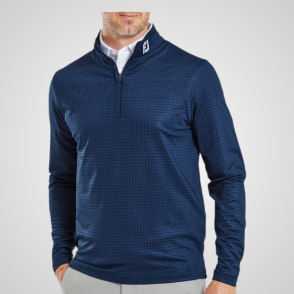 Model wearing FootJoy Men's Glen Plaid Print Chill-Out Navy Golf Pullover Front View