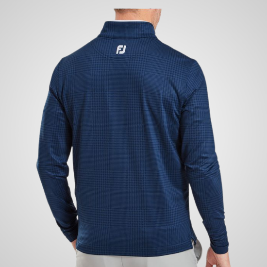 Model wearing FootJoy Men's Glen Plaid Print Chill-Out Navy Golf Pullover Back View