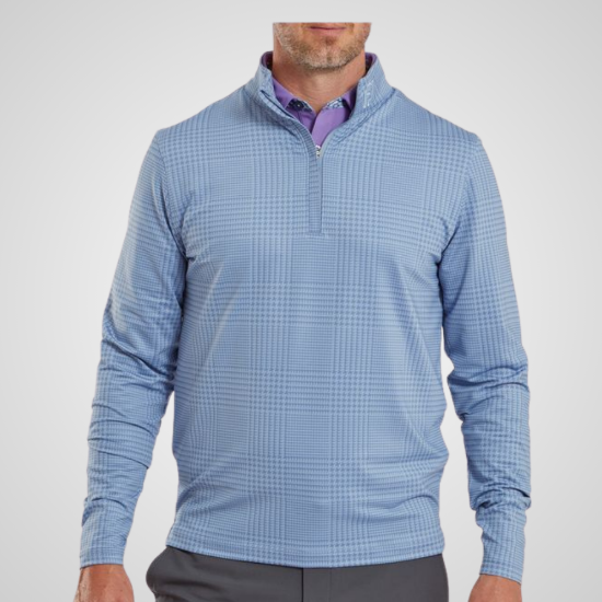 Model wearing FootJoy Men's Glen Plaid Print Chill-Out Storm Golf Pullover Front View