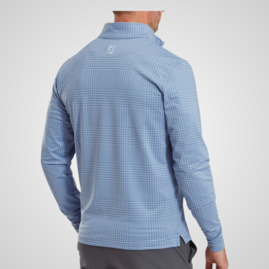 Model wearing FootJoy Men's Glen Plaid Print Chill-Out Storm Golf Pullover Back View