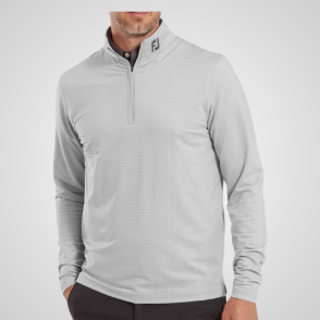 Model wearing FootJoy Men's Glen Plaid Print Chill-Out Grey Golf Pullover Front View