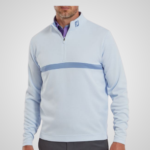 Model wearing FootJoy Men's Inset Stripe Chill-Out Mist Golf Pullover Front View