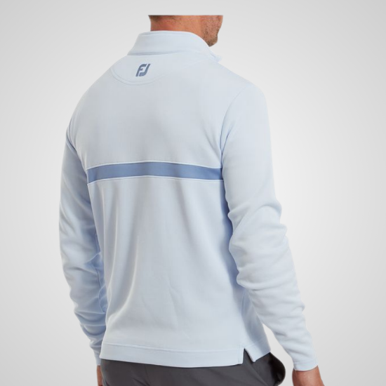 Model wearing FootJoy Men's Inset Stripe Chill-Out Mist Golf Pullover Back View