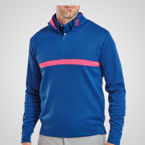 Model wearing FootJoy Men's Inset Stripe Chill-Out Deep Blue Golf Pullover Front View