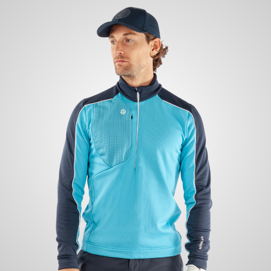 Model wearing Galvin Green Men's Dave Insula Blue Golf Midlayer Front View