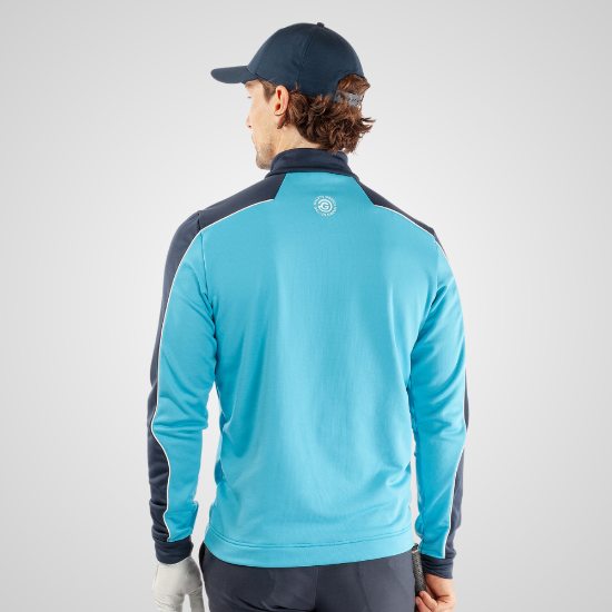 Model wearing Galvin Green Men's Dave Insula Blue Golf Midlayer Back View