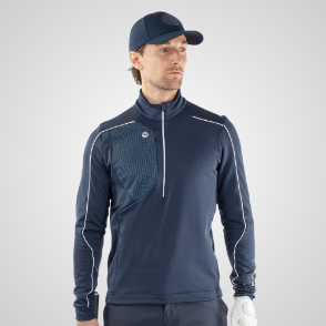 Model wearing Galvin Green Men's Dave Insula Navy Golf Midlayer Front View