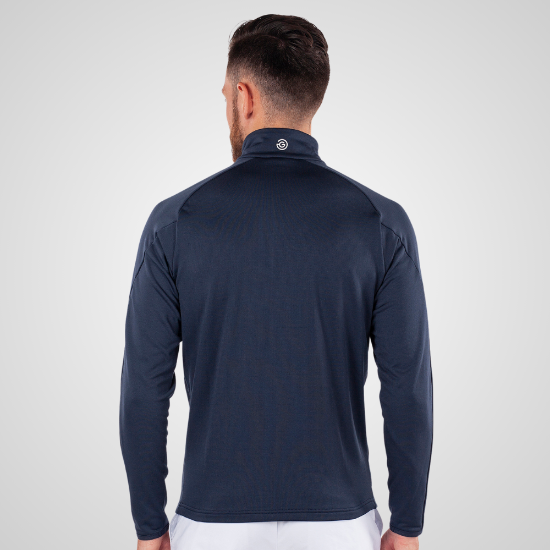 Model wearing Galvin Green Men's Drake Insula Navy Golf Pullover Back View